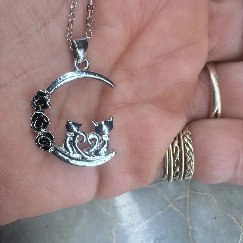 Elegant Black Cat Moon Pendant Necklace